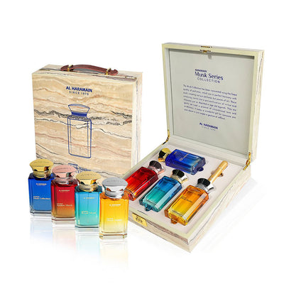 HARAMAIN MUSK COLLECTION GIFT SET (AMBER 100ML EDP+COLLECTION 100ML EDP+ROYAL 100ML EDP+MALIKI 100ML EDP)+ REFILLABLE ATOMIZER