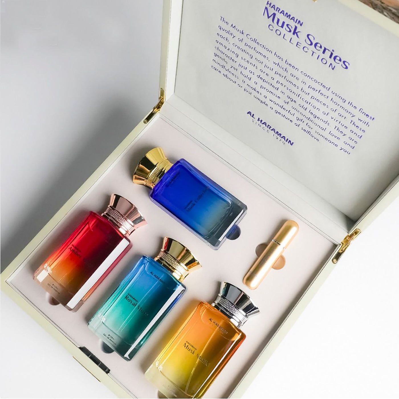 HARAMAIN MUSK COLLECTION GIFT SET (AMBER 100ML EDP+COLLECTION 100ML EDP+ROYAL 100ML EDP+MALIKI 100ML EDP)+ REFILLABLE ATOMIZER