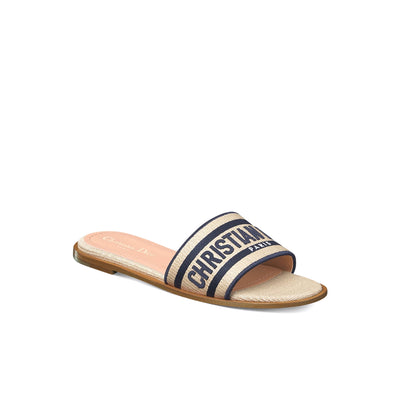 Dior Dway Slide Natural Raffia And Deep Blue Embroidered Cotton