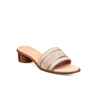 Dior Dioriviera Dway Heeled Slide Natural Raffia And Beige Embroidered Cotton