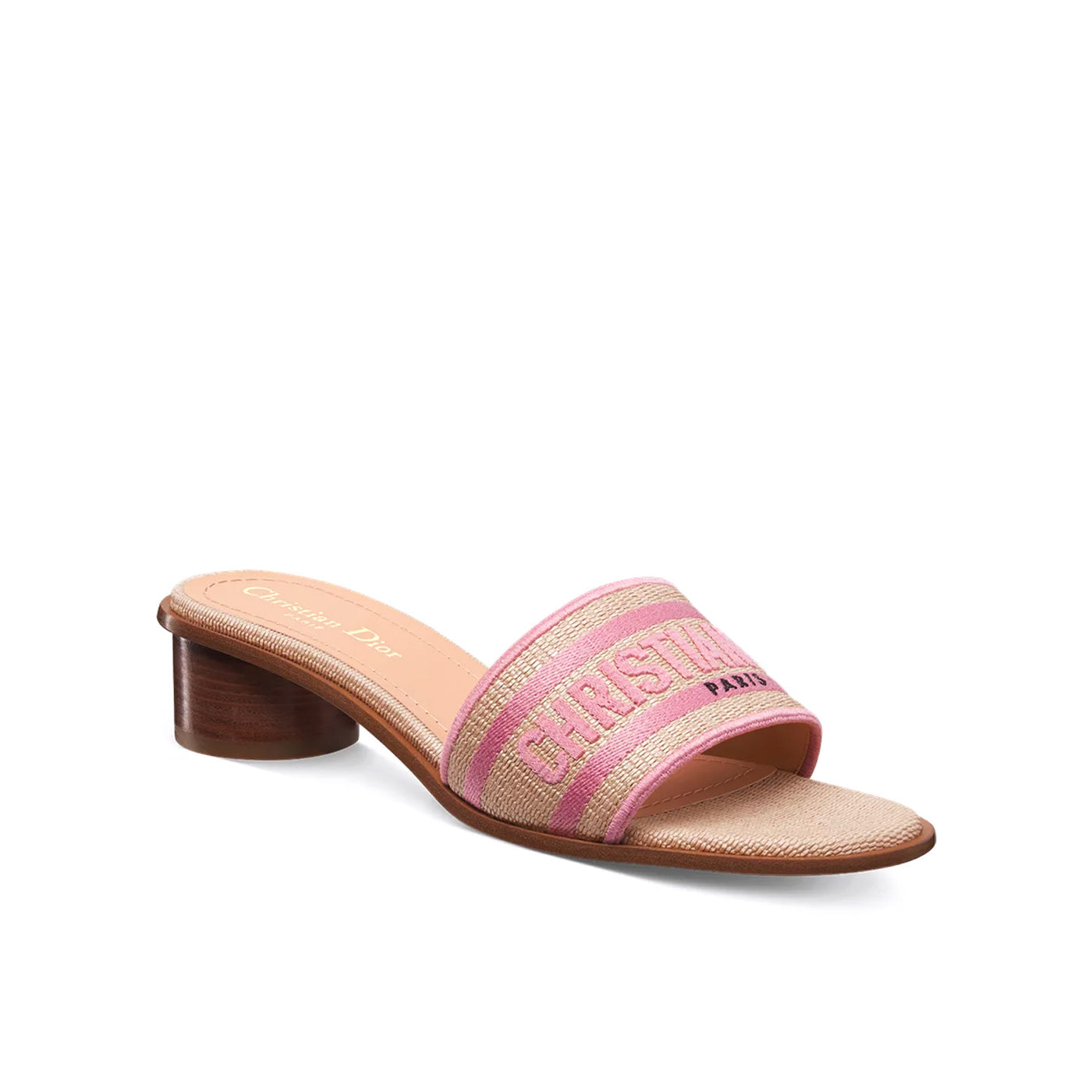 Dior Dioriviera Dway Heeled Slide Natural Raffia And Begonia Pink Embroidered Cotton