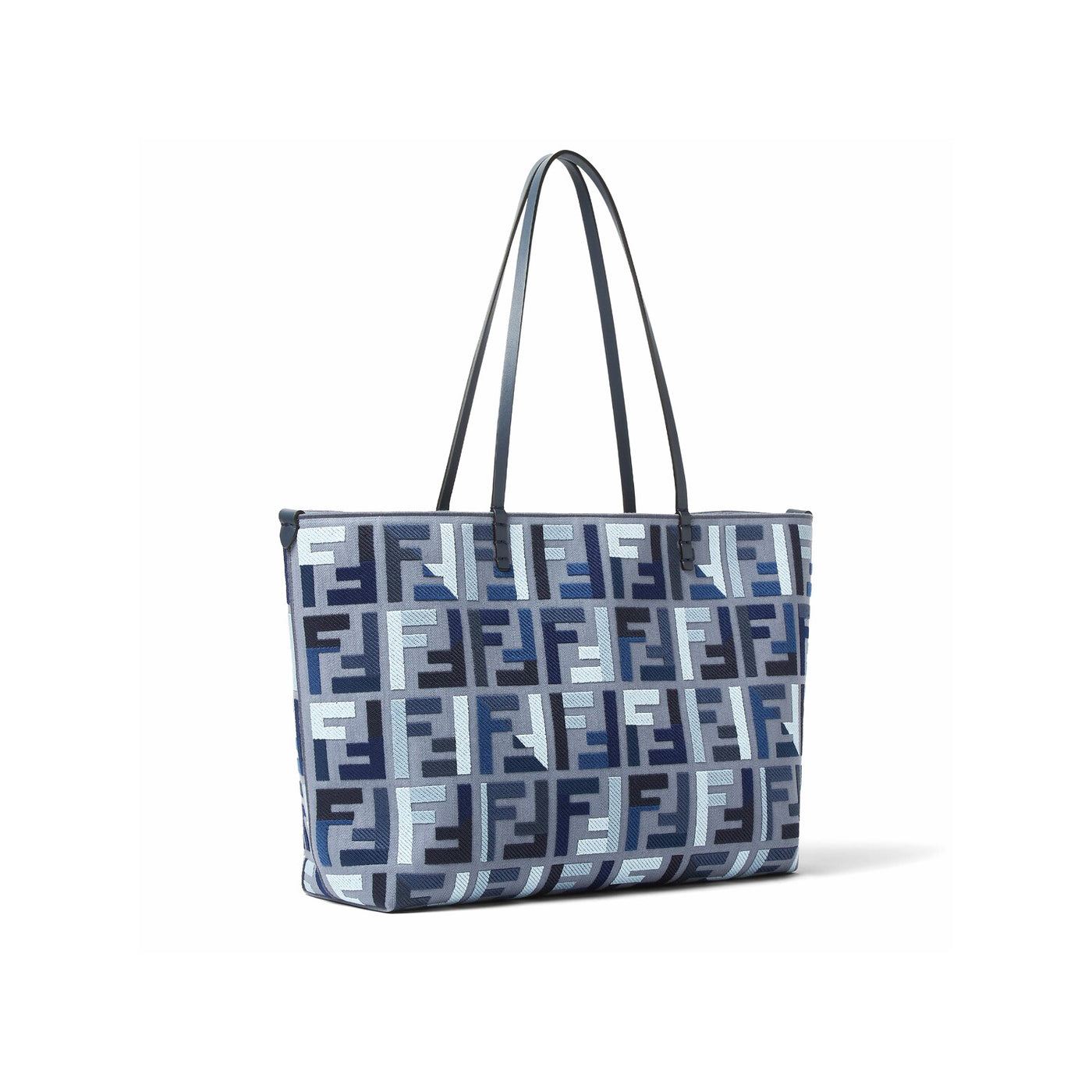 Fendi Roll Large Blue Canvas Shopper With Ff Embroidery