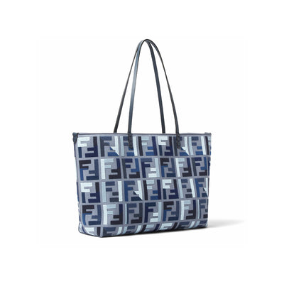 Fendi Roll Large Blue Canvas Shopper With Ff Embroidery