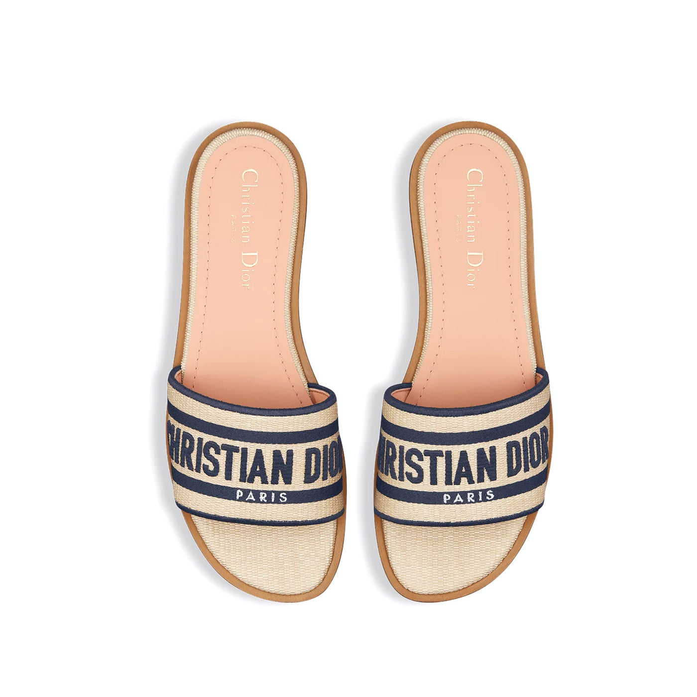 Dior Dway Slide Natural Raffia And Deep Blue Embroidered Cotton