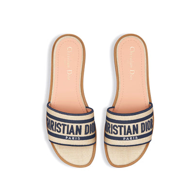 Dior Dway Slide Natural Raffia And Deep Blue Embroidered Cotton