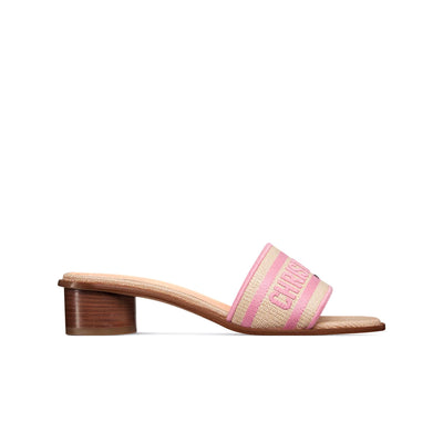 Dior Dioriviera Dway Heeled Slide Natural Raffia And Begonia Pink Embroidered Cotton