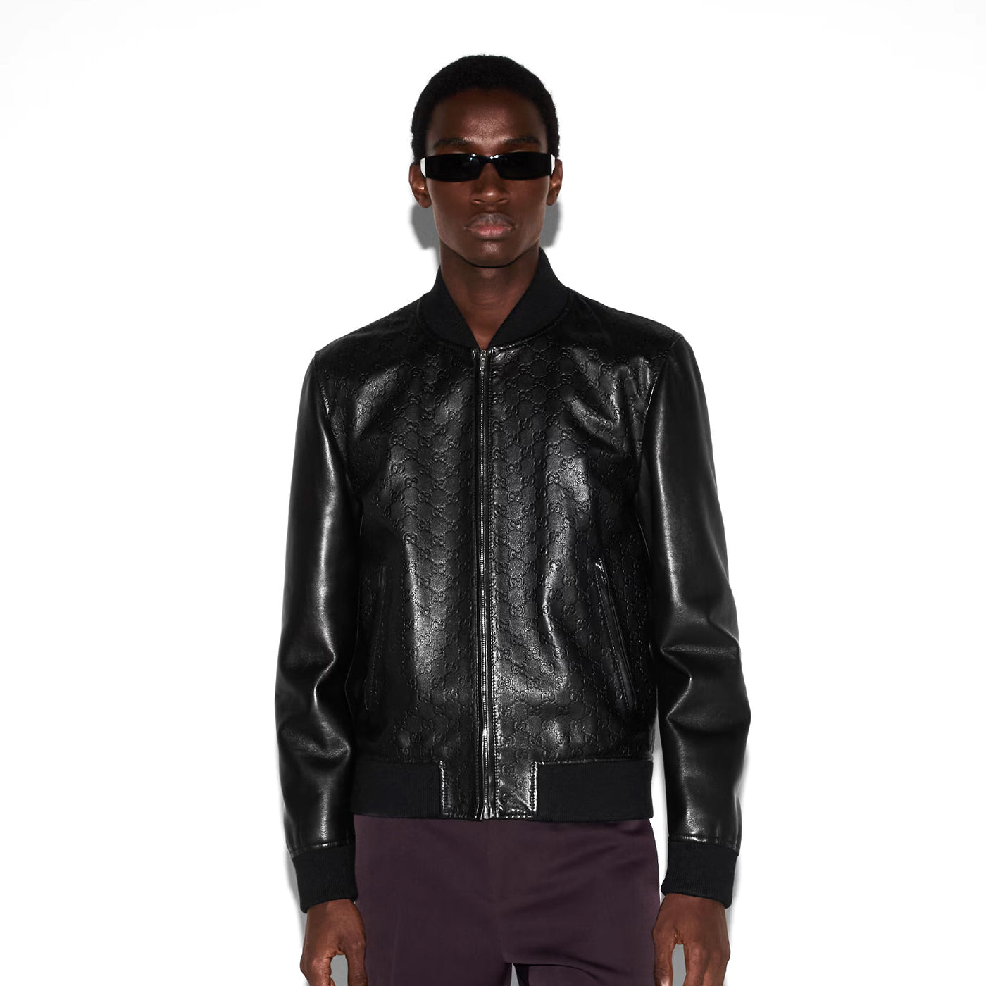 Gucci Embossed Gg Leather Bomber Jacket