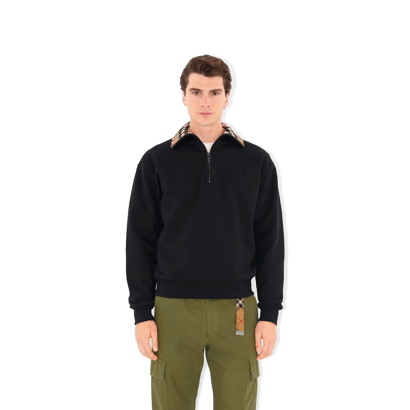 Burberry Check Collar Cotton Half-Zip Sweatshirt