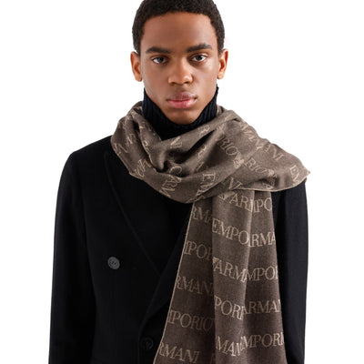 Virgin Wool Blend Scarf With Jacquard Lettering Logo And Fringes