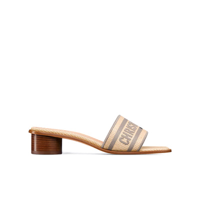 Dior Dioriviera Dway Heeled Slide Natural Raffia And Beige Embroidered Cotton