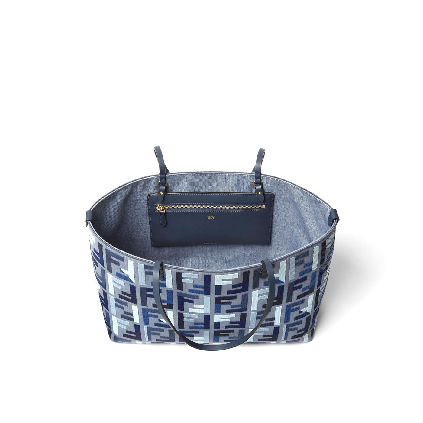 Fendi Roll Large Blue Canvas Shopper With Ff Embroidery