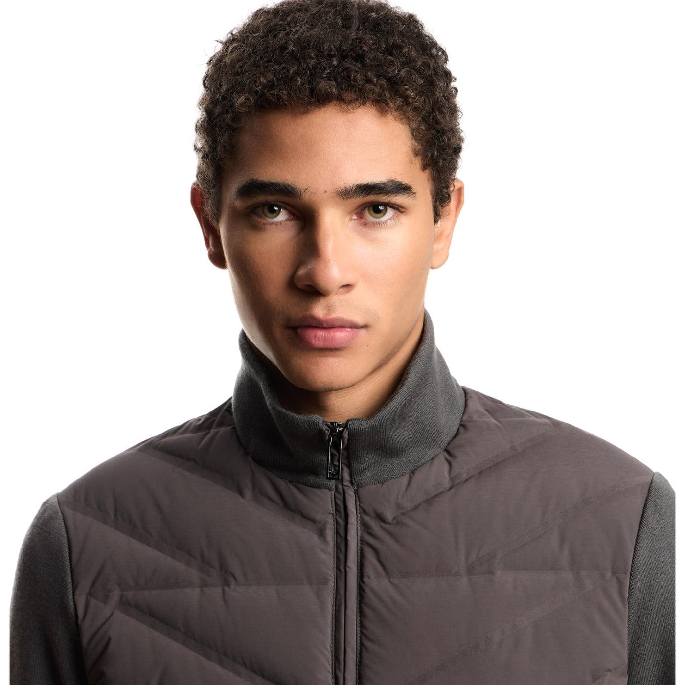 Travel Essentials Two-Piece Effect Full-Zip Down Jacket With Knit Sleeves