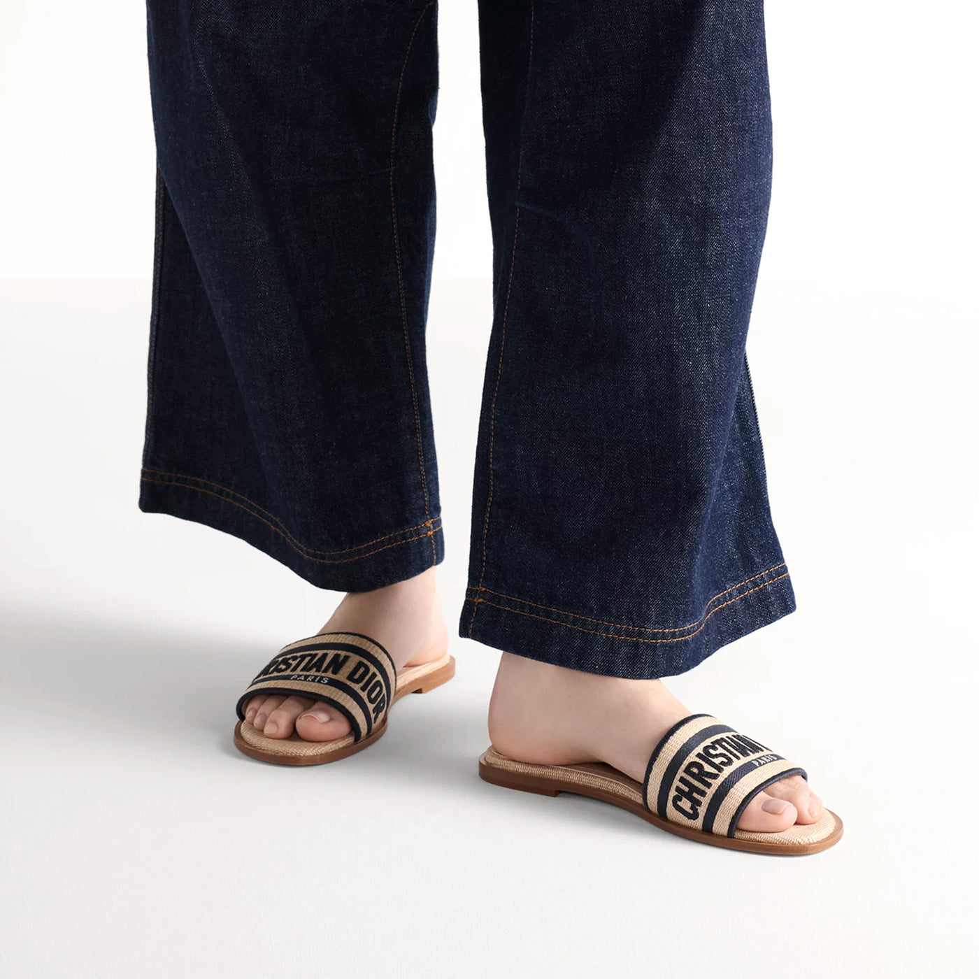 Dior Dway Slide Natural Raffia And Deep Blue Embroidered Cotton