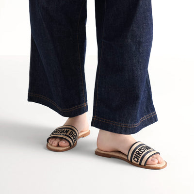 Dior Dway Slide Natural Raffia And Deep Blue Embroidered Cotton