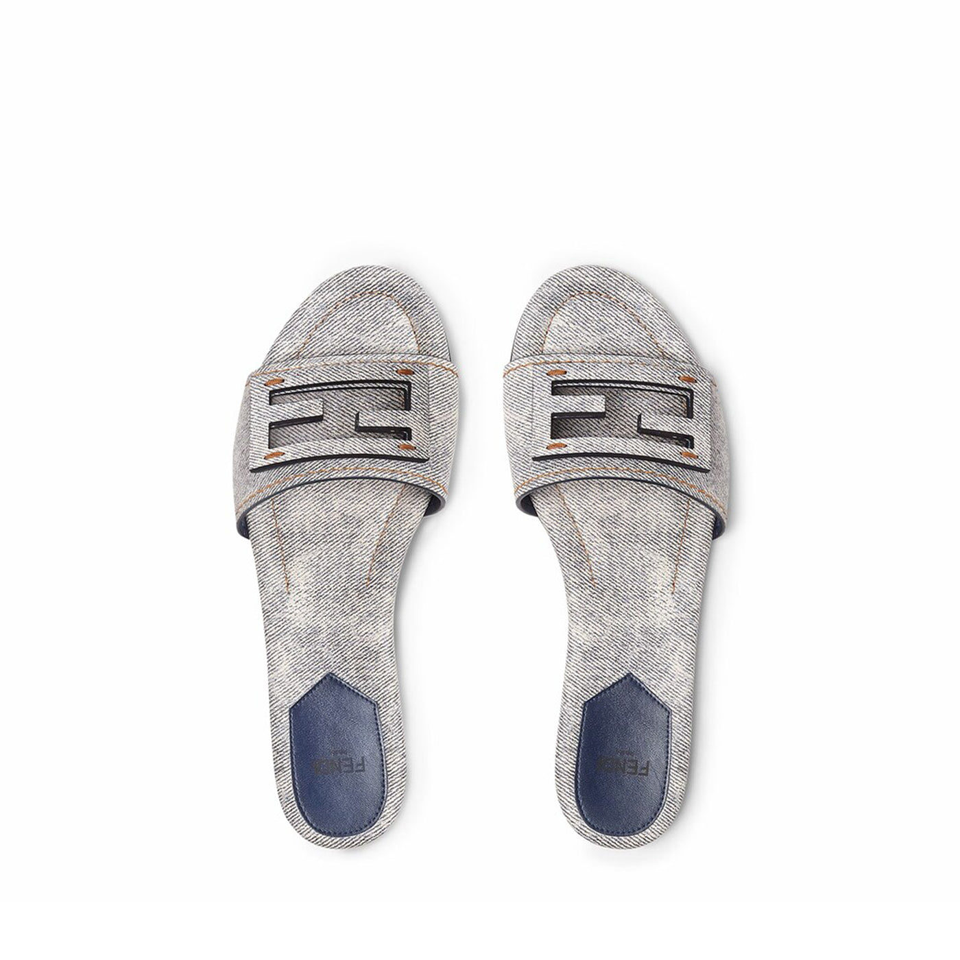 Fendi Baguette Light Blue Denim-Print Leather Slides