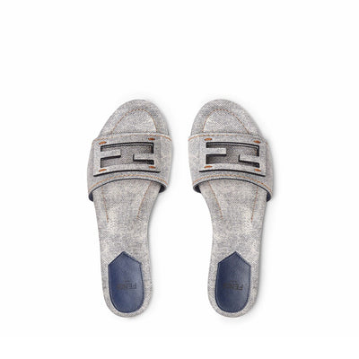 Fendi Baguette Light Blue Denim-Print Leather Slides