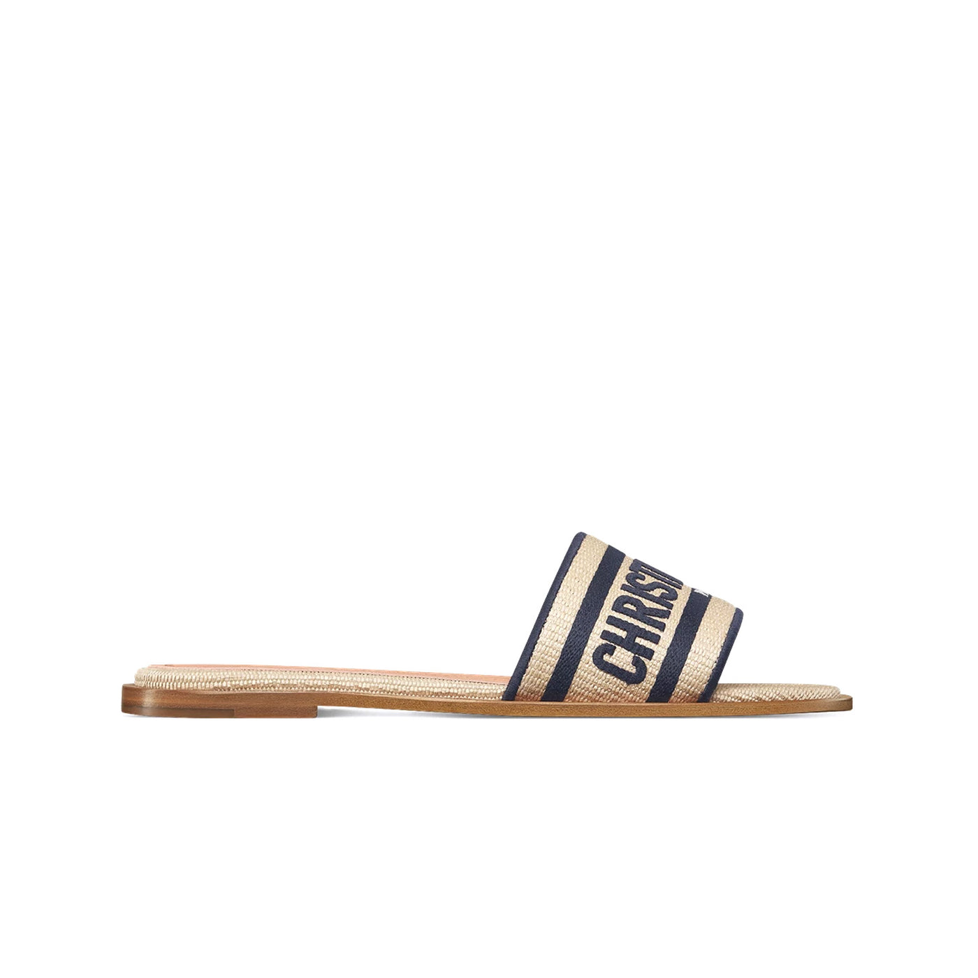 Dior Dway Slide Natural Raffia And Deep Blue Embroidered Cotton