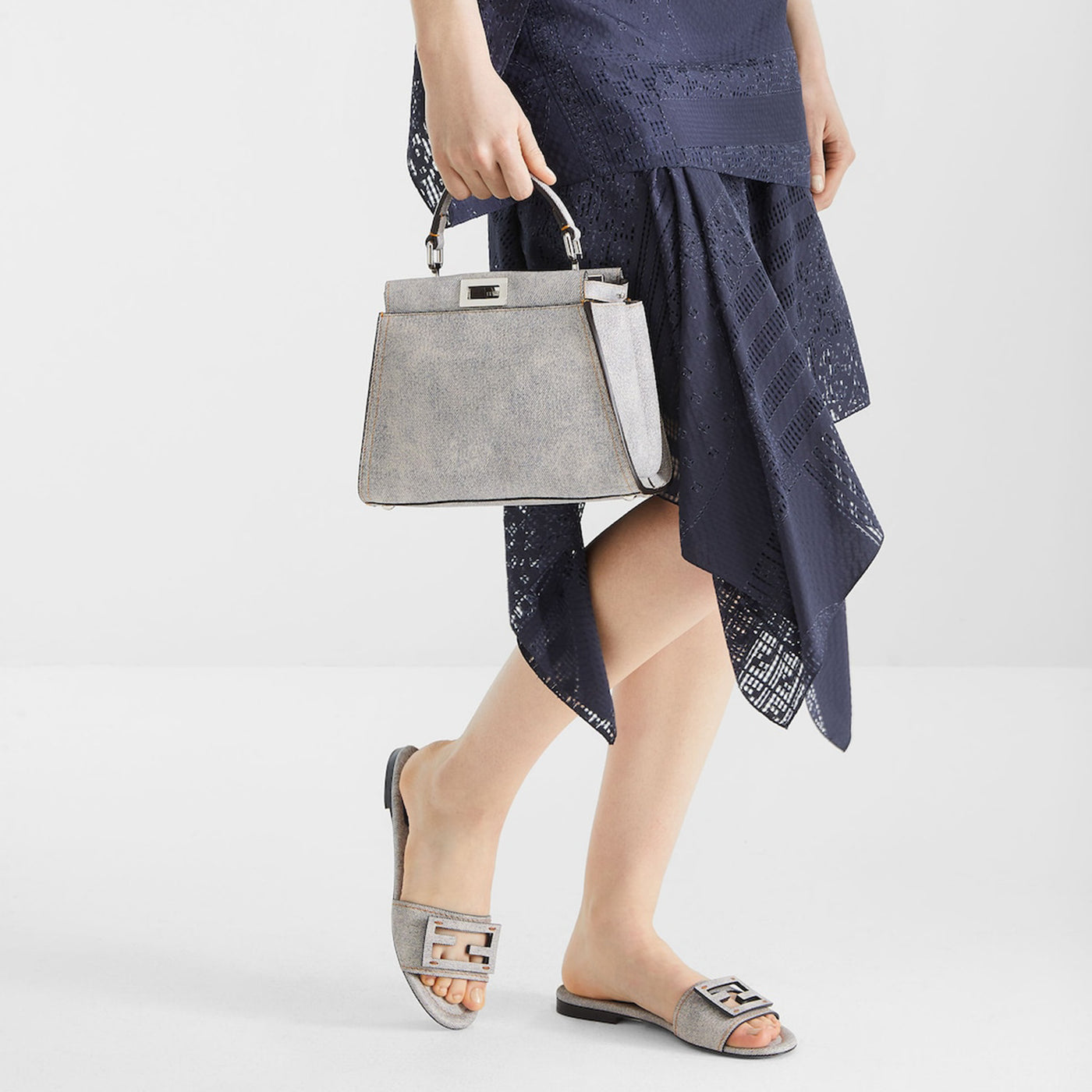 Fendi Baguette Light Blue Denim-Print Leather Slides