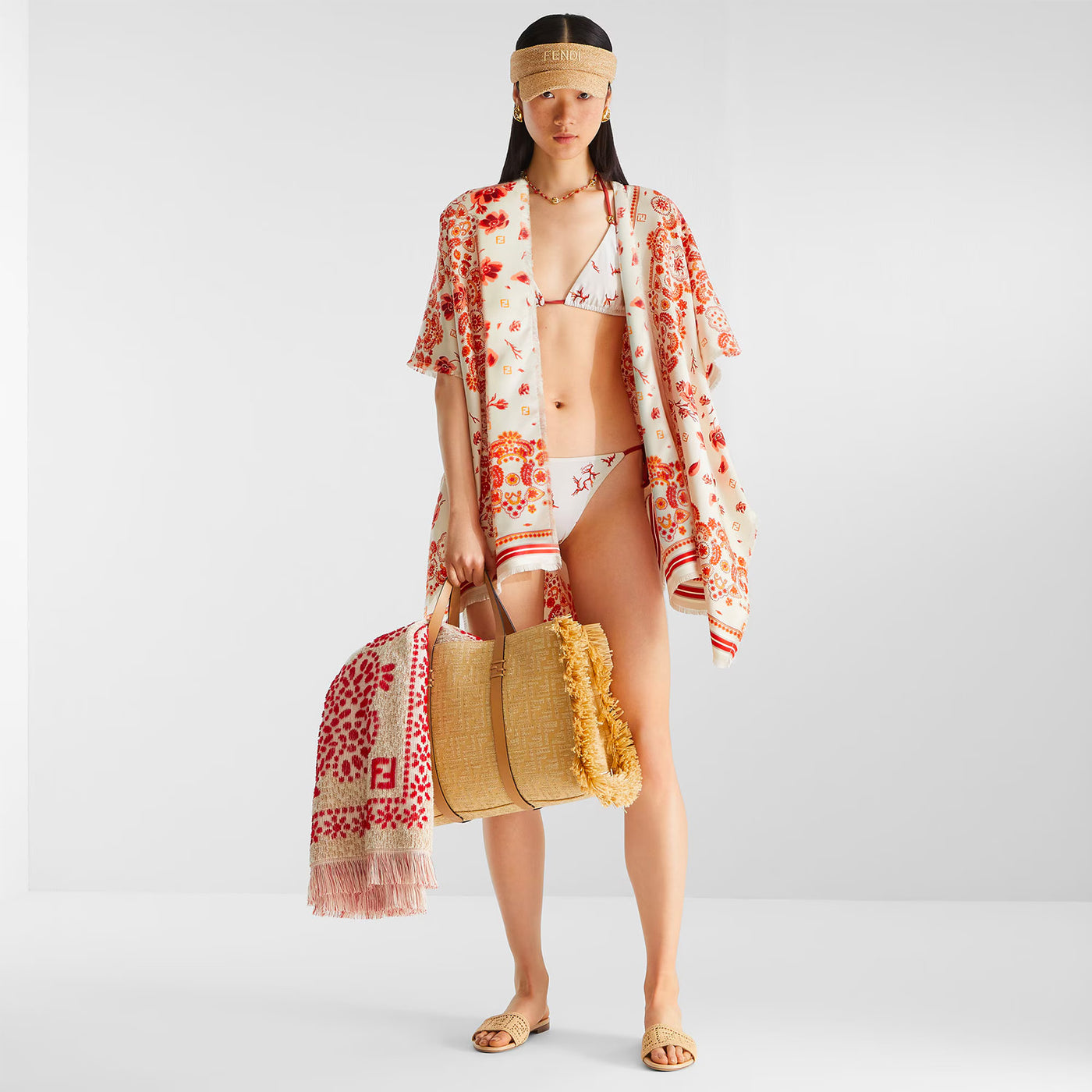 Fendi Sunshine mesh slides with raffia FF embroidery