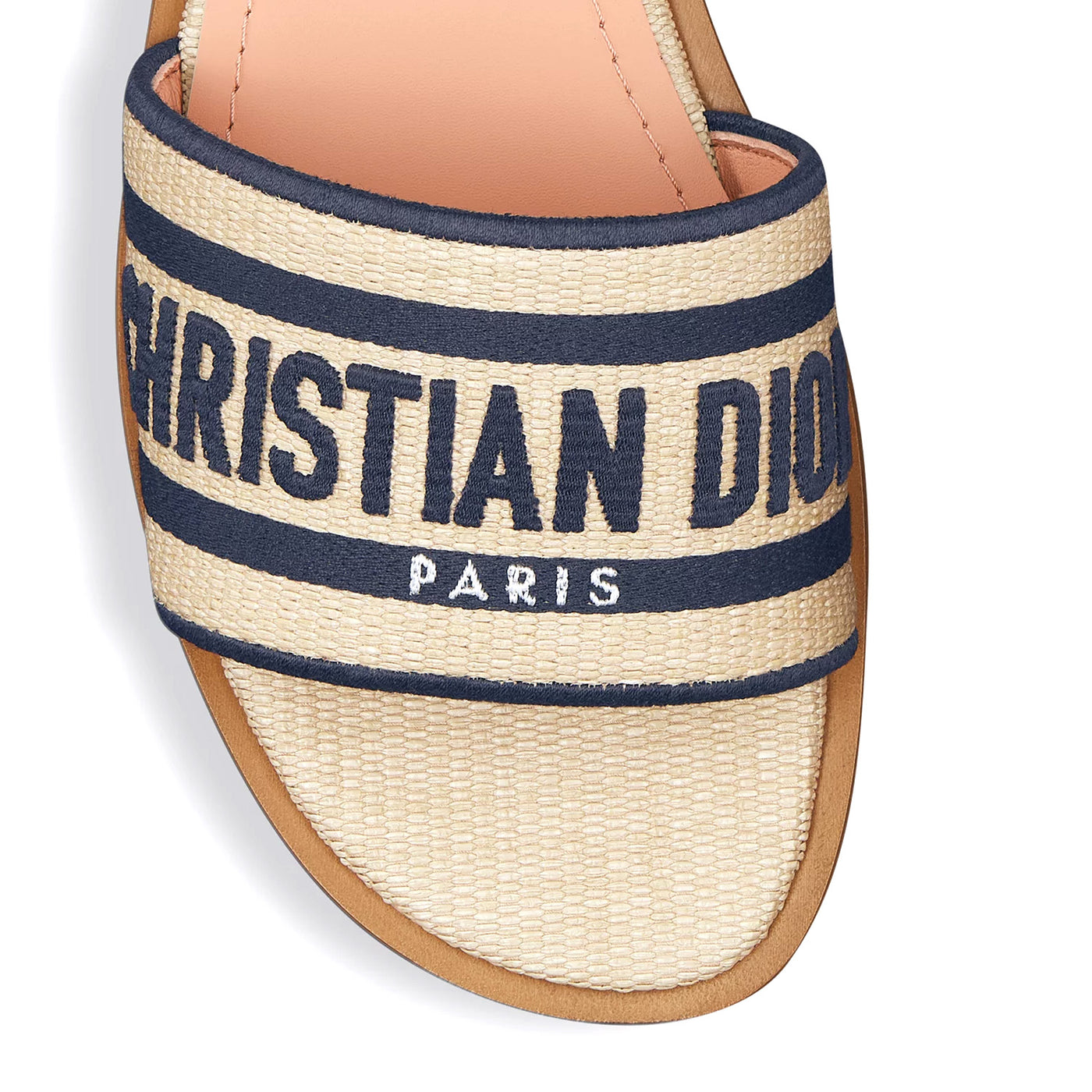 Dior Dway Slide Natural Raffia And Deep Blue Embroidered Cotton
