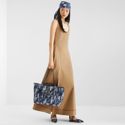 Fendi Roll Large Blue Canvas Shopper With Ff Embroidery