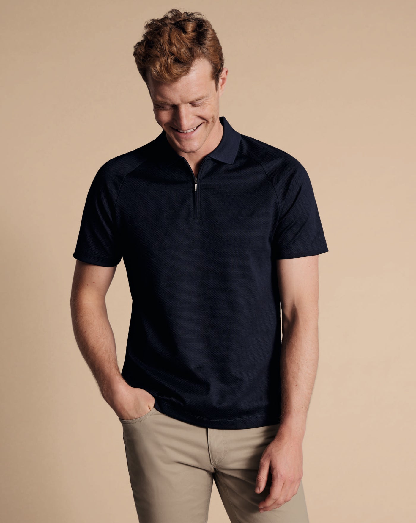 NAVY POPCORN TEXTURED STRIPE TYRWHITT COOL ZIP NECK