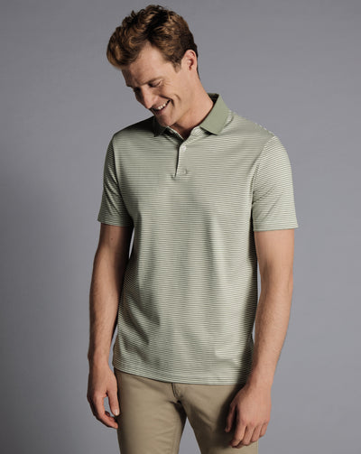 SAGE AND ECRU FINE STRIPE SHORT SLEEVE JERSEY POLO