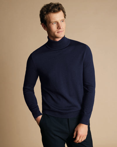 NAVY BLUE PURE MERINO ROLL NECK JUMPER