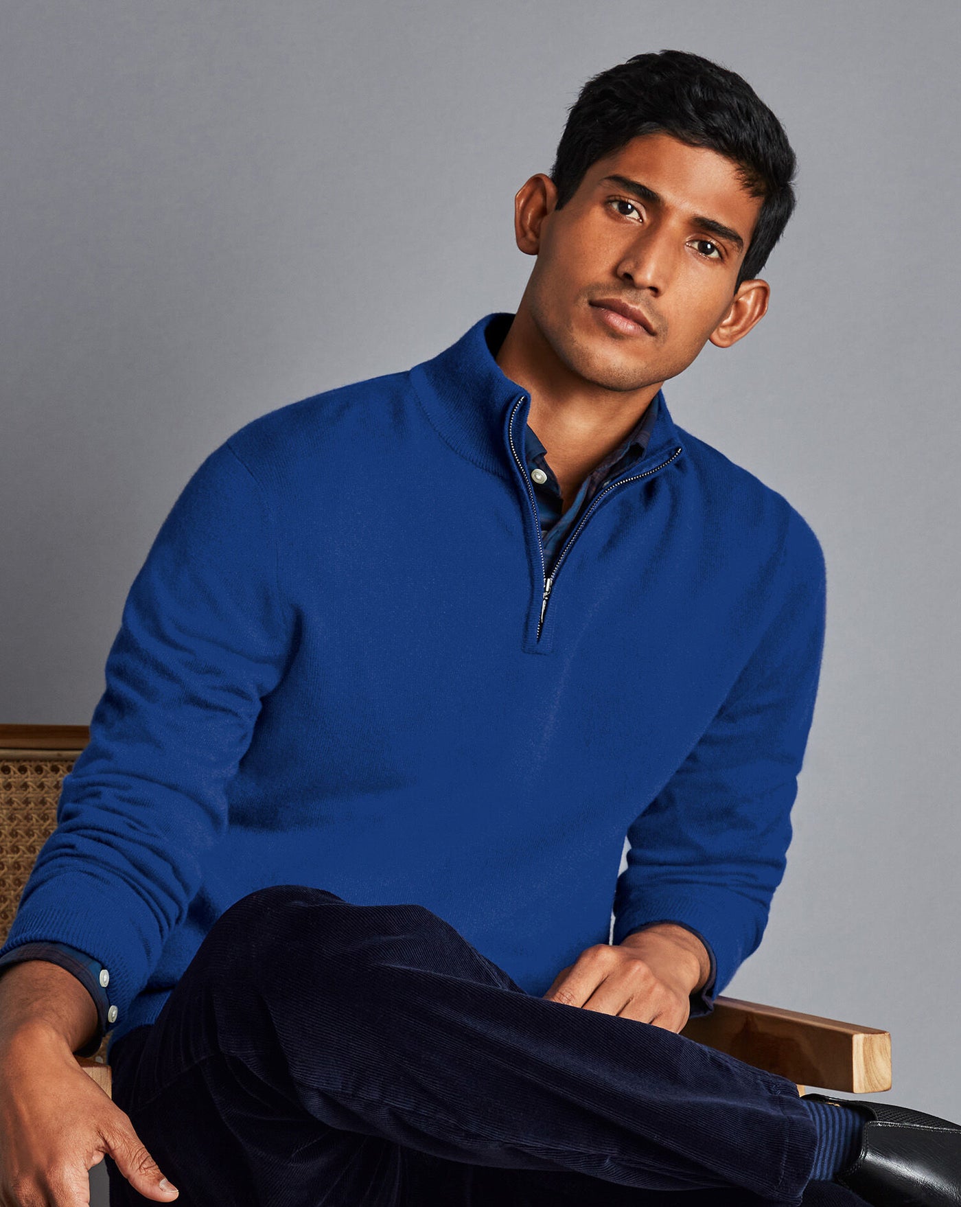 ROYAL BLUE PURE CASHMERE ZIP NECK JUMPER