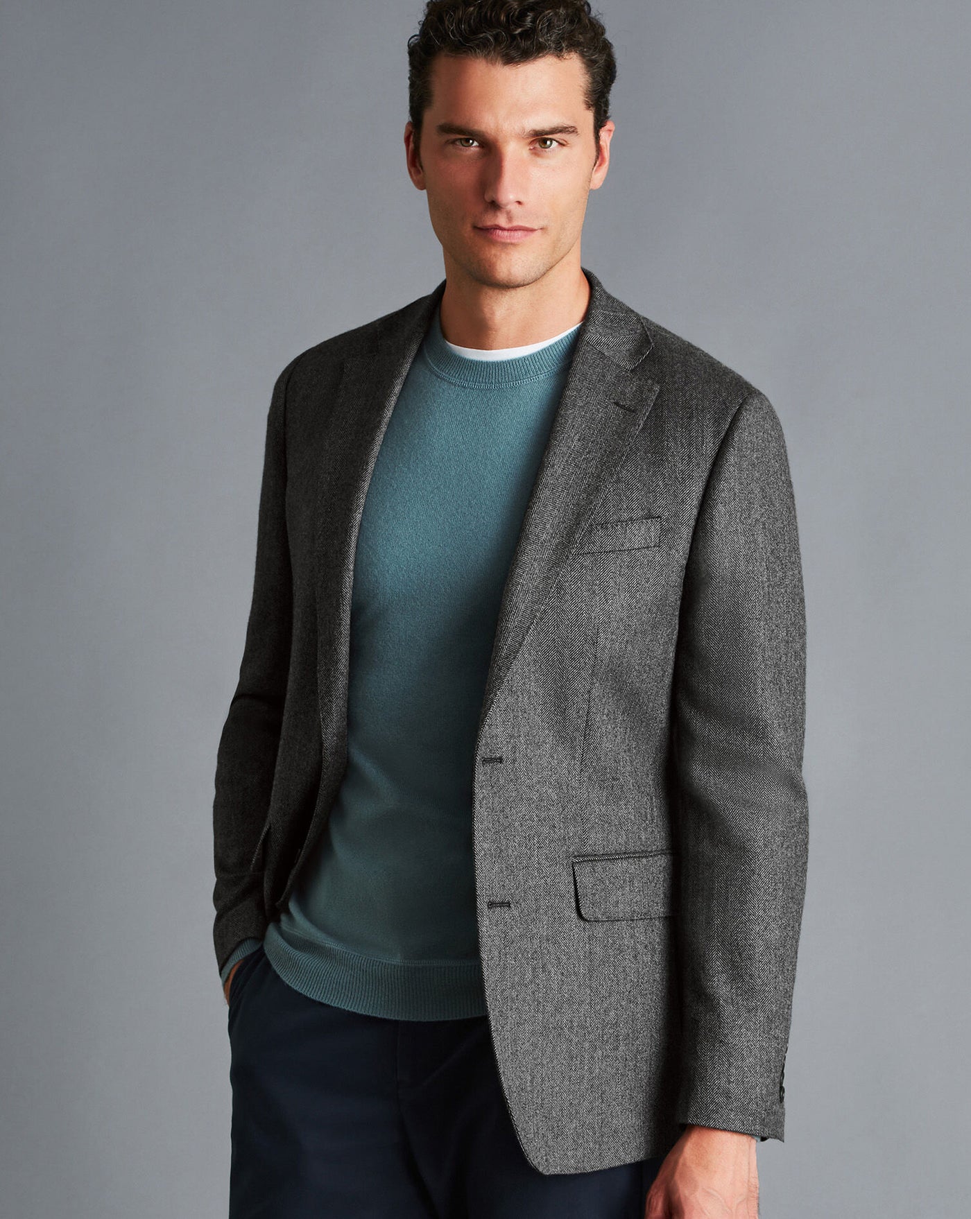 DARK GREY HERRINGBONE WOOL TEXTURE SLIM FIT BLAZER