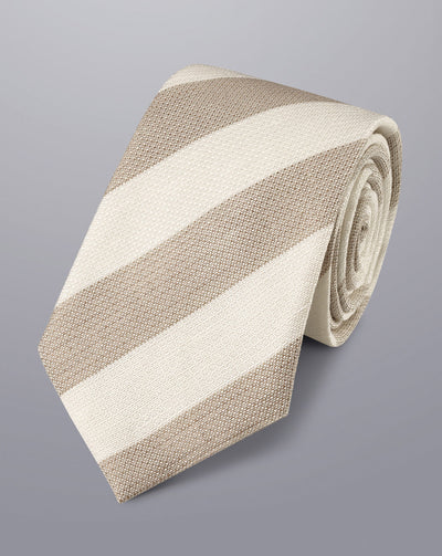 STONE AND IVORY STRIPE LINEN SILK TIE