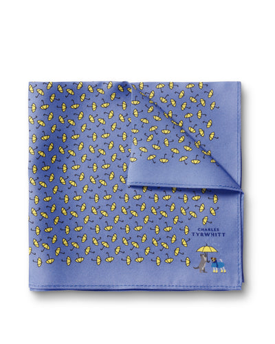 CORNFLOWER BLUE RAINING CATS AND DOGS PRINT SILK POCKET SQUARE