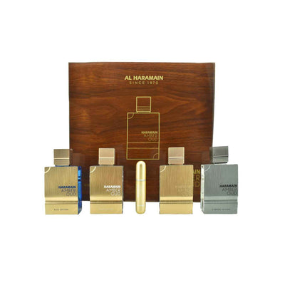 HARAMAIN AMBER OUD COLLECTION PERFUMES GIFT SET (GOLD EDP 60ML+BLEU 60ML EDP+WHITE 60ML EDP+CARBON 60ML EDP)+ REFILLABLE ATOMIZER