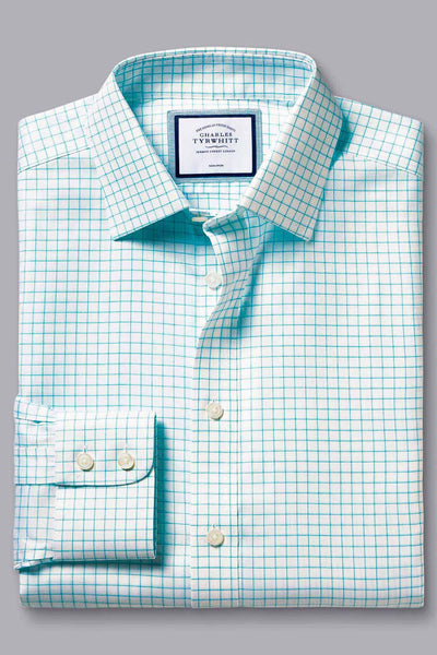 AQUA GREEN NON-IRON TWILL FINE SHADOW CHECK SLIM FIT SHIRT