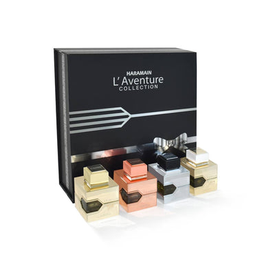 HARAMAIN L'AVENTURE COLLECTION PERFUMES GIFT SET  (L'AVENTURE 100ML EDP+ ROSE 100ML EDP+ FEMME 100ML EDP + GOLD 100ML EDP)+ REFILLABLE ATOMIZER