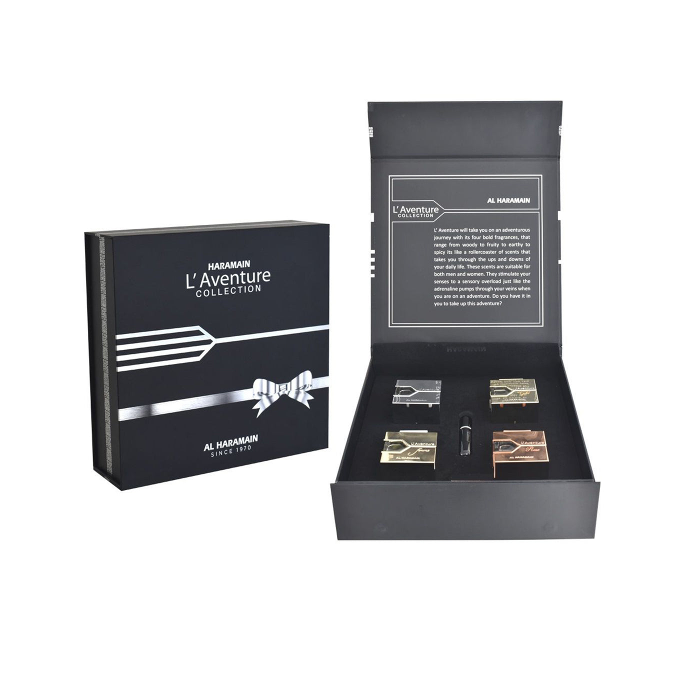 HARAMAIN L'AVENTURE COLLECTION PERFUMES GIFT SET  (L'AVENTURE 100ML EDP+ ROSE 100ML EDP+ FEMME 100ML EDP + GOLD 100ML EDP)+ REFILLABLE ATOMIZER