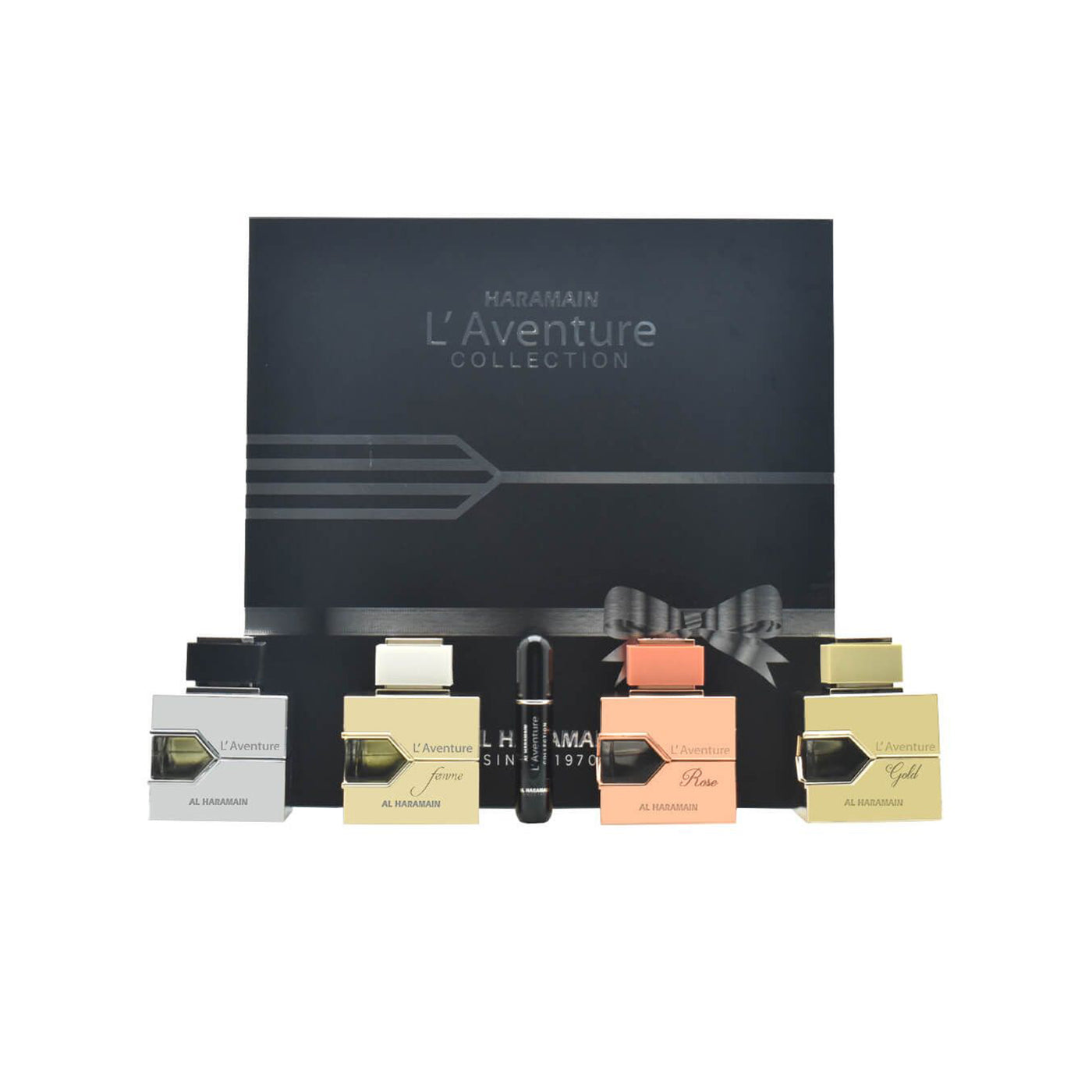 HARAMAIN L'AVENTURE COLLECTION PERFUMES GIFT SET  (L'AVENTURE 100ML EDP+ ROSE 100ML EDP+ FEMME 100ML EDP + GOLD 100ML EDP)+ REFILLABLE ATOMIZER