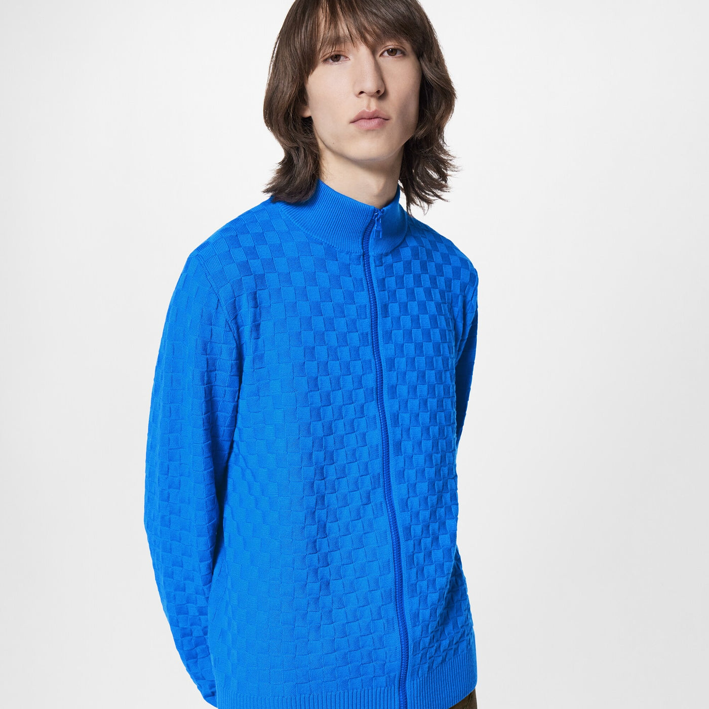 L/V SWEATER BLUE DAMIER SIGNATURE ZIP-THROUGH CARDIGAN