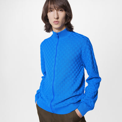 L/V SWEATER BLUE DAMIER SIGNATURE ZIP-THROUGH CARDIGAN